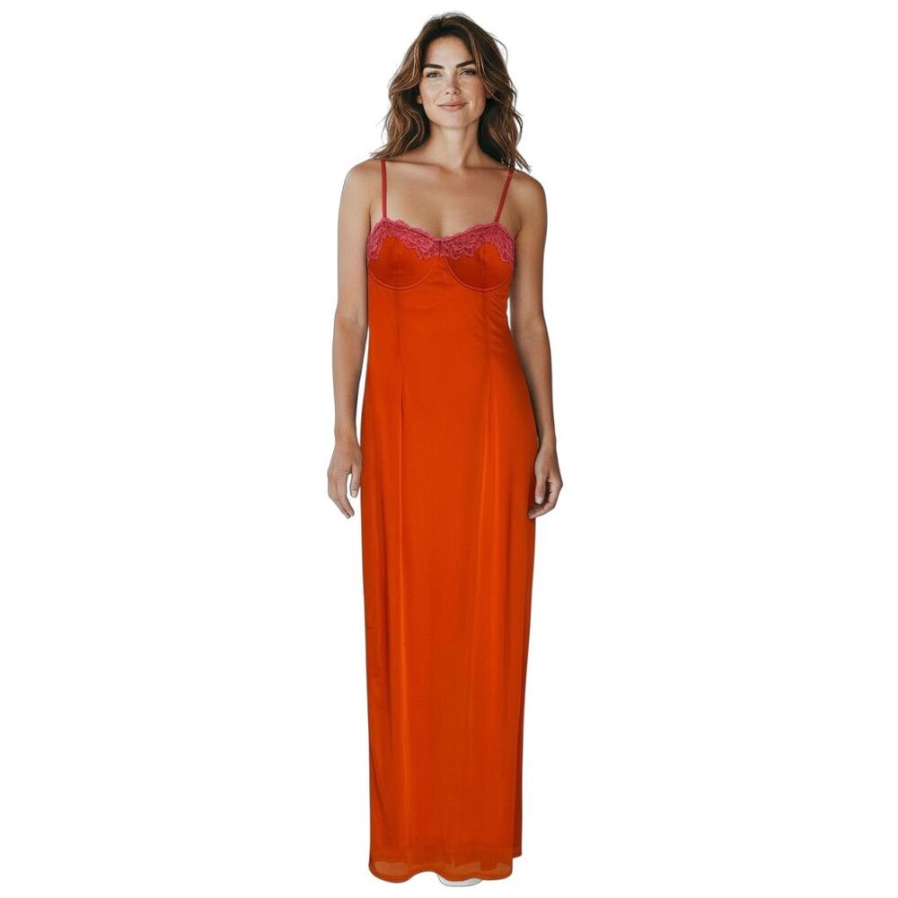 Finesse Women's Lace Maxi Dress L Orange Pink Spaghetti Strap Party